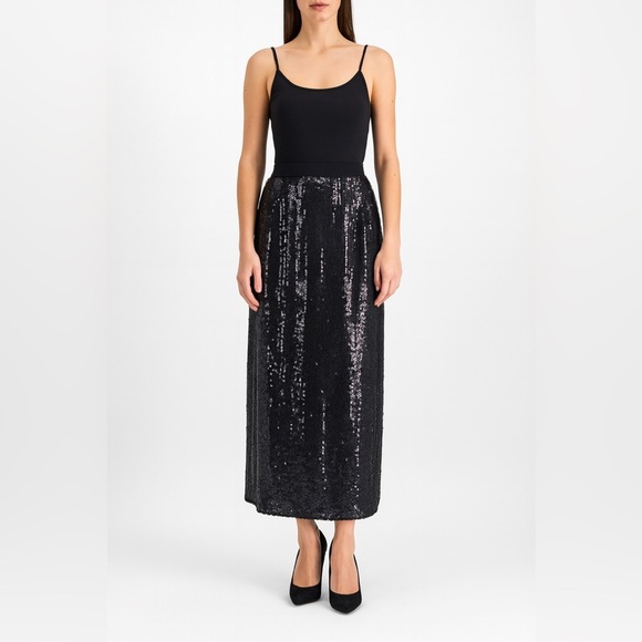 Vintage Rina Z Black Sequin Maxi Skirt Silk Shell Elastic Waist size XL - Picture 1 of 9